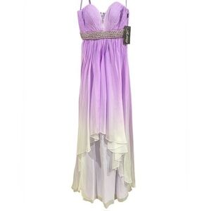 LA FEMME Wisteria Purple Pleated Ombre Chiffon Gown